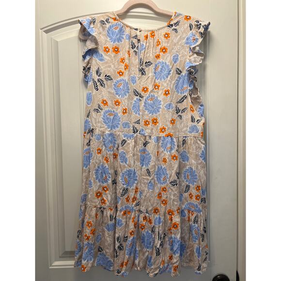 Loft Outlet Women’s Floral Woven‎ Ruffle Tiered Mini Dress Size XL Beige Blue - Picture 4 of 4